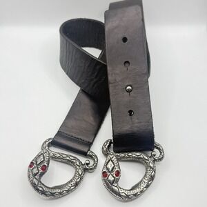 Y2K Linea Pelle Leather Belt Stud w/ 2 EA Italy Made Silver Snakes Buckles Sz L